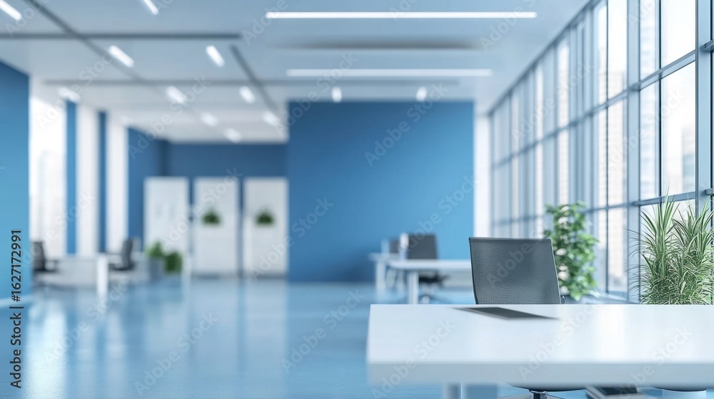 Fototapeta premium Modern Blue Office Workspace Interior.