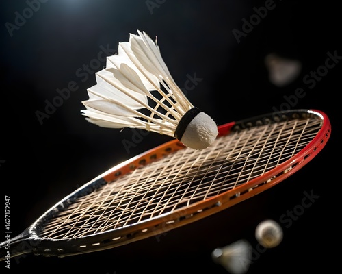 badminton racket and shuttlecock , Close-up of Shuttlecock Impact on Badminton Racket During Serve, High-Speed Motion Freeze, Precision Sports Moment, Indoor Game Action with Sharp Detail and Dynamic 