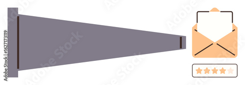 Megaphone focus beam directing toward open email envelope with feedback rating stars underneath. Ideal for communication, marketing, feedback, customer service, promotion, reviews, delivery. Simple