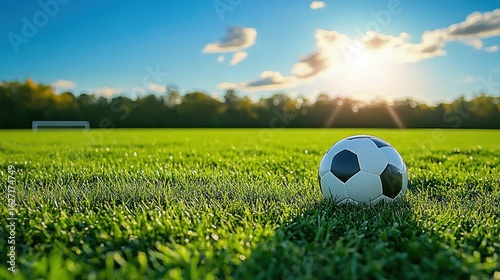 A black and white soccer ball resting on vibrant green grass with a distant goalpost under a bright sunny sky with scattered clouds