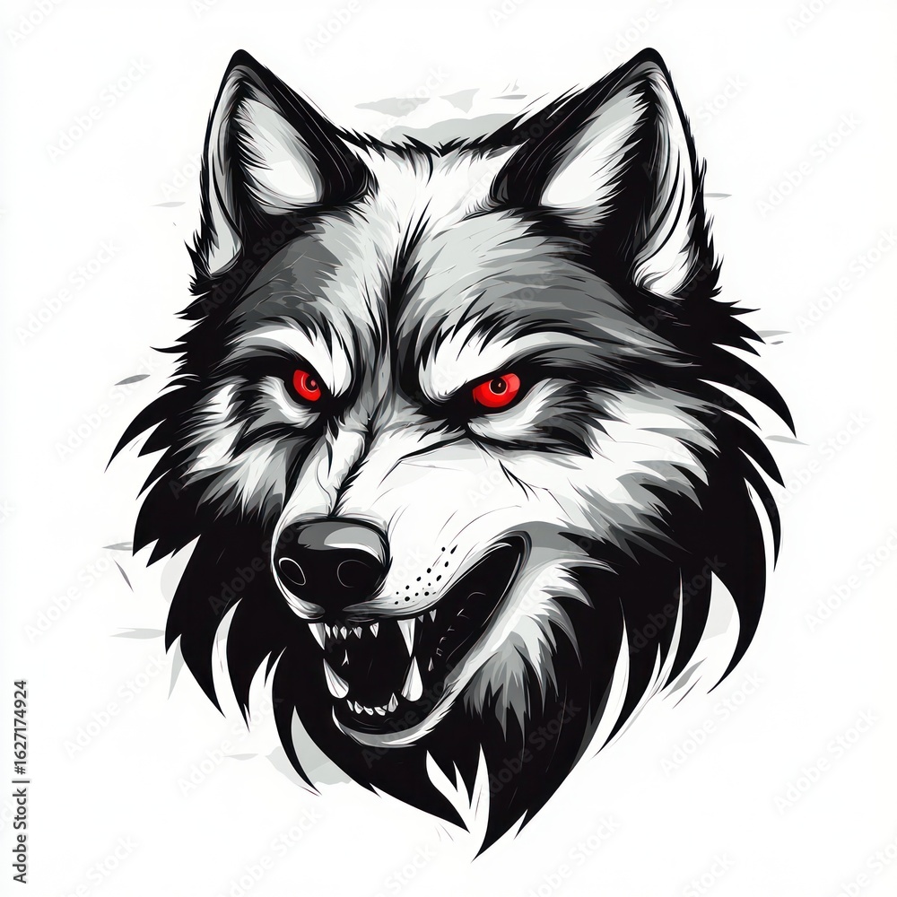 Fototapeta premium aggressive snarling wolf head with sharp teeth and intense red eyes in a detailed black and white digital illustration
