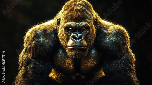 Majestic gorilla with intense gaze and muscular body illuminated dramatically against a dark background conveying strength and presence