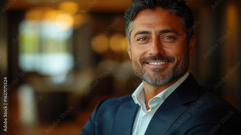 Fototapeta premium man wearing a dark suit jacket and white dress shirt standing indoors with blurred warm lighting in the background, exuding confidence and professionalism