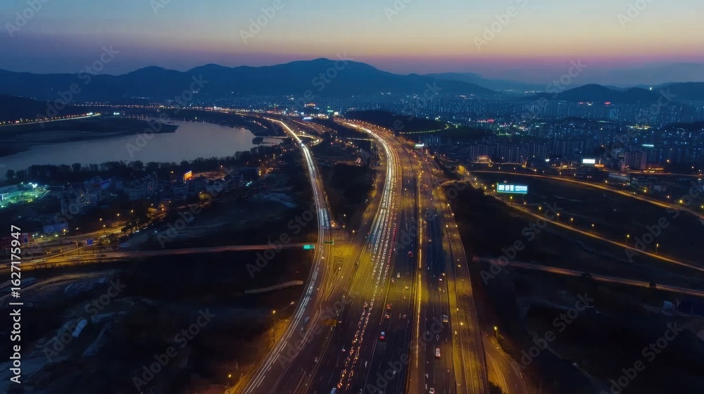 Fototapeta premium Night Highway Overlooks Cityscape.