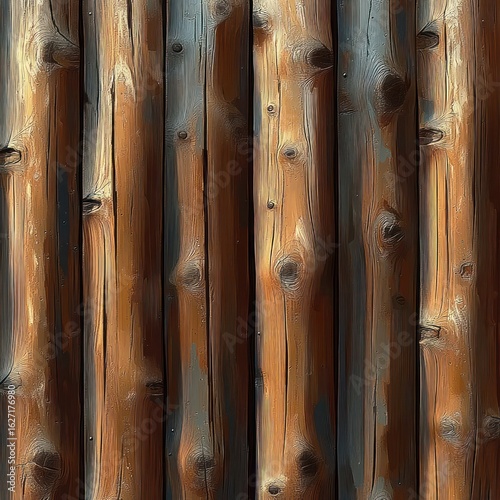 Close-up of vertical wooden logs with natural knots and textures, showcasing warm brown and orange tones with subtle shadows
