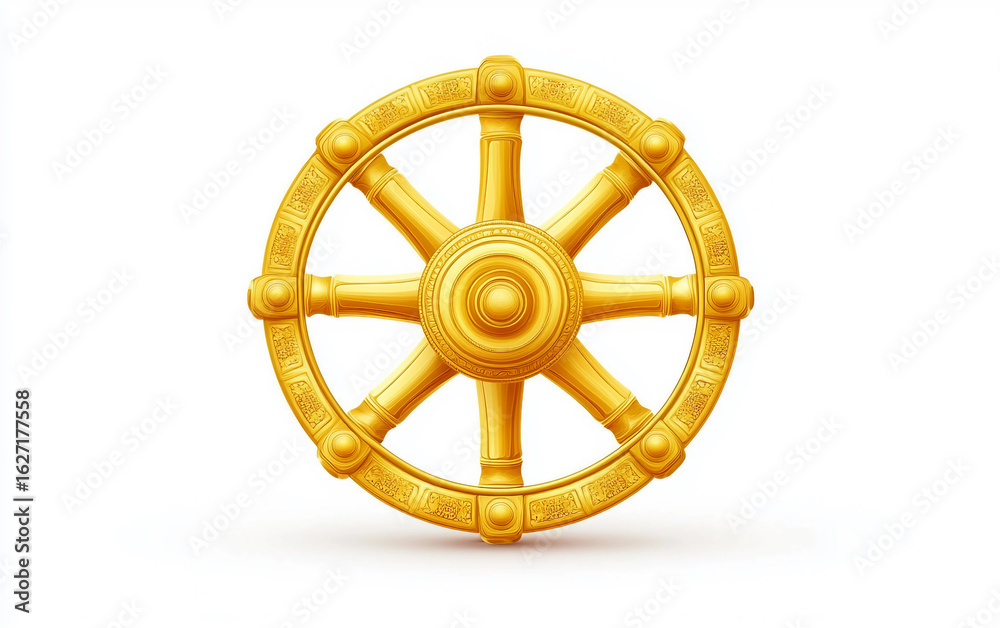 Obraz premium Dharma wheel Buddhist symbol illustrated in a detailed vector style representing spiritual teachings isolated on white background PNG