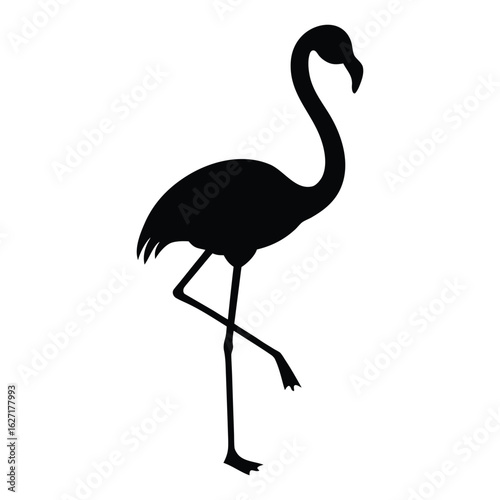 Black silhouette of a flamingo standing on one leg with its head turned bird animal