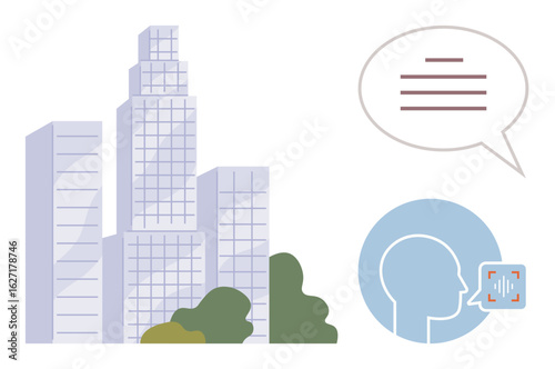 Tall office buildings surrounded by greenery next to a chat bubble and a speech recognition icon. Ideal for communication, technology, urban planning, voice AI, smart cities, corporate environments