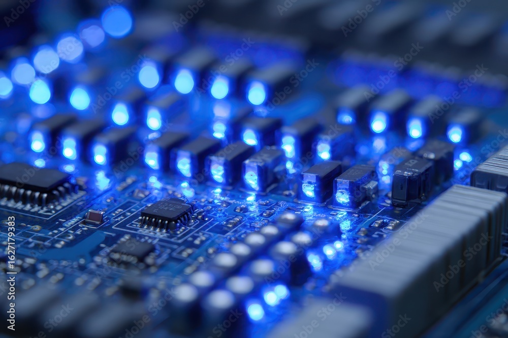 Fototapeta premium Illuminated Circuit Board Close-up, Tech Lab, Data Processing