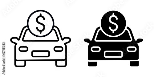 Car with money icon set. Car insurance policy finance symbol. Insurance icons. Car resale value flat vector, isolated illustration on white background. Save money for buying car.