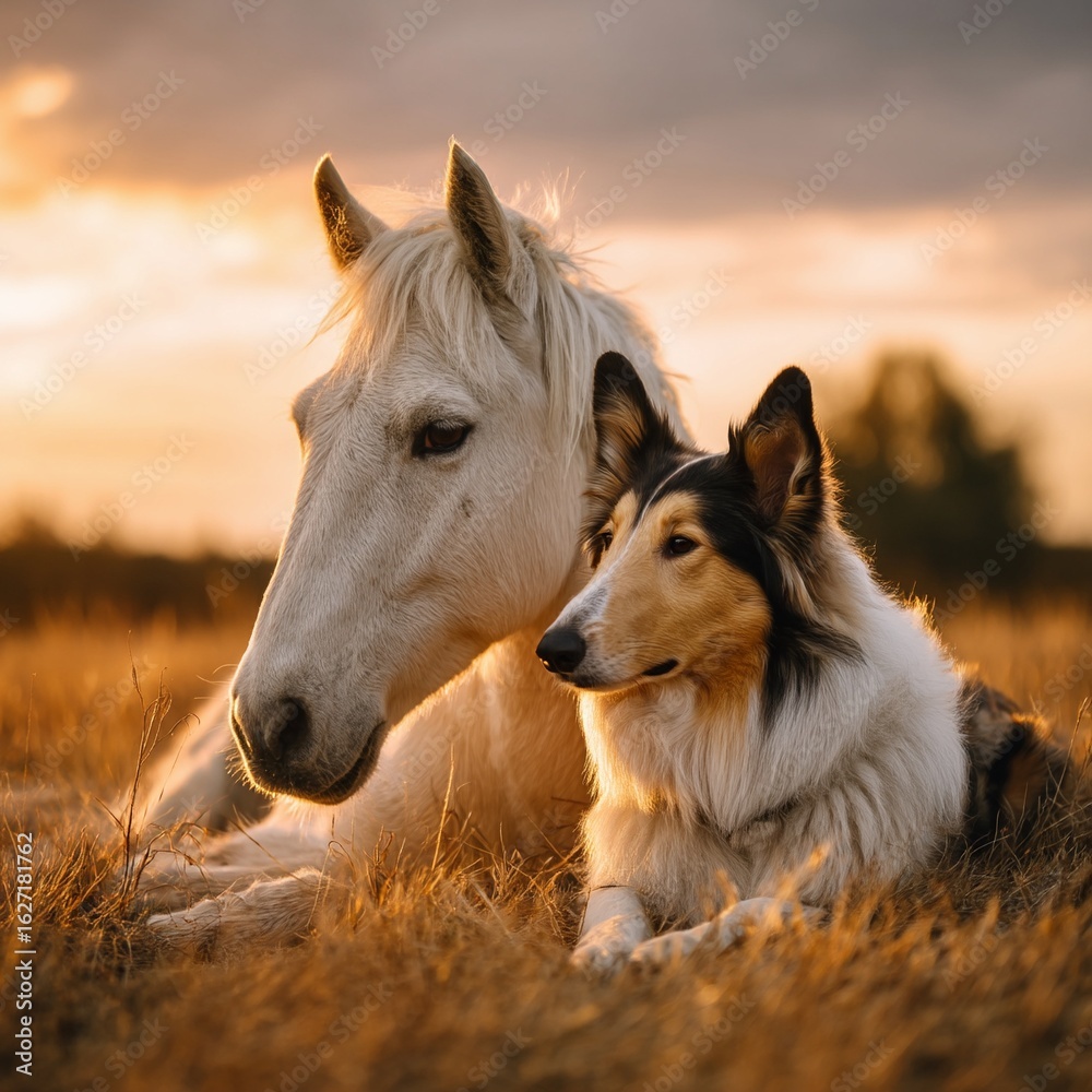 Fototapeta premium White Horse and Collie Dog Resting at Sunset