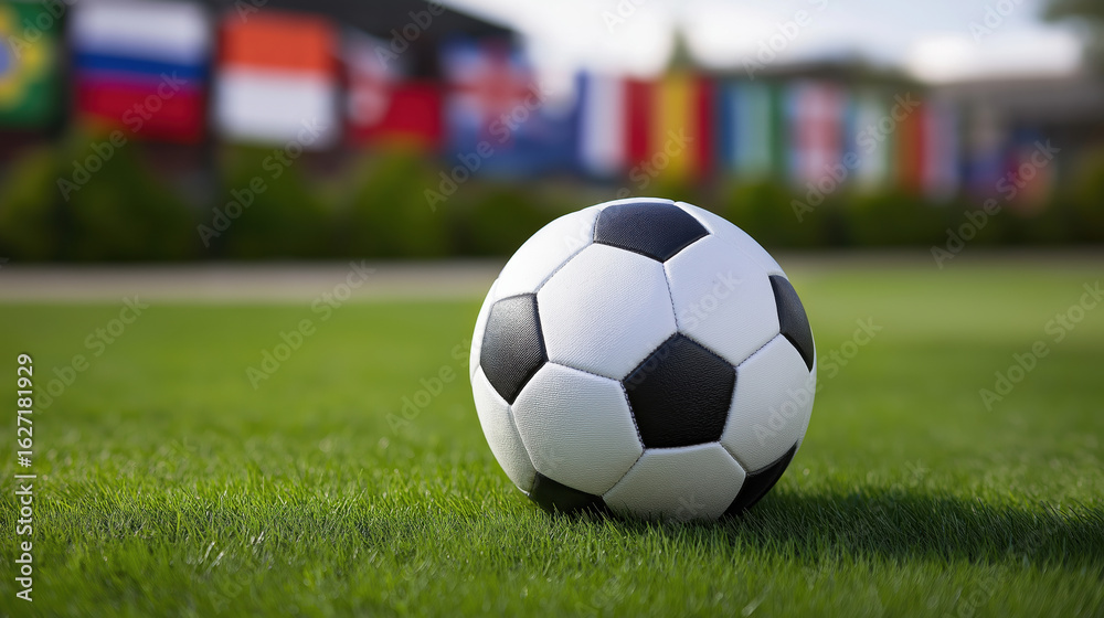 Soccer ball on green field with flags in background during sunny day of sports event Soccer ball on green field with flags in background during sunny day of sports event