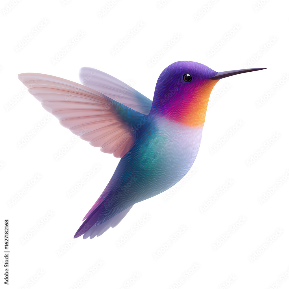 Fototapeta premium Graceful Hummingbird in Flight: A vibrant hummingbird, its iridescent feathers shimmering with an array of colors, hovers mid-air, capturing the essence of nature's artistry.
