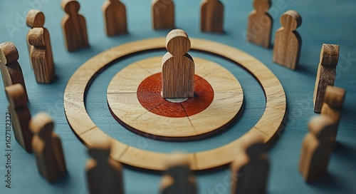 Wooden human figurines arranged with one figure in the center on circular target-like wooden rings surrounded by other figures symbolizing focus, leadership, or centrality