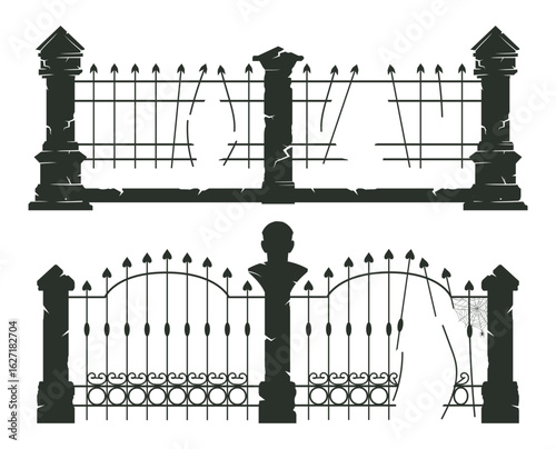 Cemetery fence silhouettes. Halloween creepy cemetery gates, spooky horror halloween decorations flat vector illustration set. Churchyard fences on white
