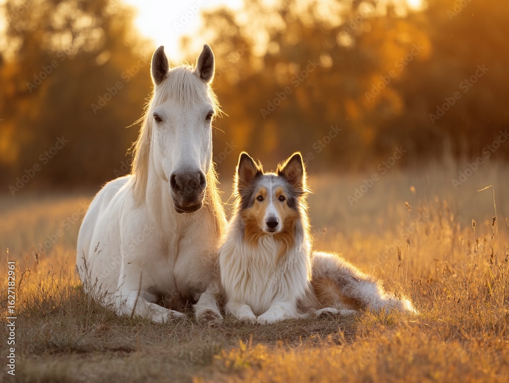 Fototapeta premium White Horse and Collie Dog Resting at Sunset