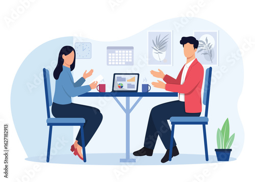 One to one meeting concept illustration. Team collaboration between a young businessman and woman sitting and discussing work with a laptop in a modern setting. Vector illustration.