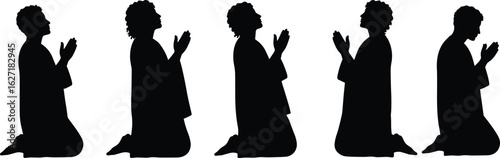 Silhouette of people kneeling in prayer, spiritual devotion, religious practice, worship, faith, meditation, peaceful reflection, unity, black and white