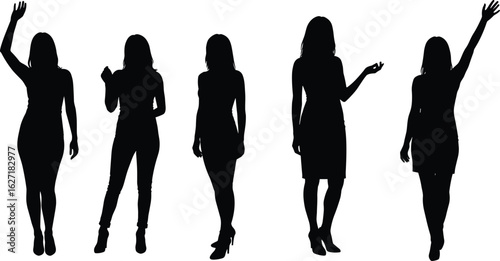 Silhouette of standing women in various poses, female body gesture illustration, fashion style concept, communication and presentation body language