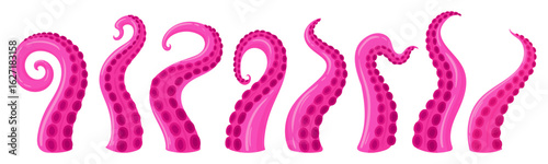 Marine creature palpus. Octopus tentacles, squid twisted limbs with suckers flat vector illustration set. Cartoon ocean cephalopod animal tentacles