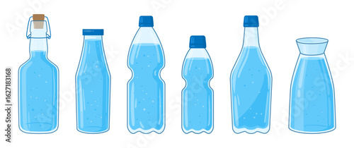 Plastic bottles. Water plastic containers, bottles of various shapes, mineral water flasks flat vector illustration set. Cartoon transparent water bottles