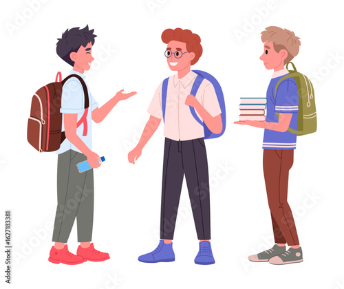 School students group. Middle school students with backpacks and books, male school pupils flat vector illustration set. Happy friends chatting