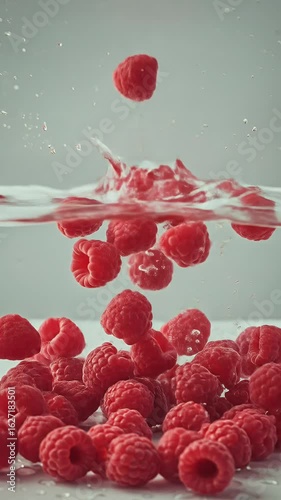 Realistic Red Raspberries Falling in Water with Splash Action