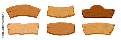 Wooden ribbons. Cartoon rustic sign boards and ribbon planks, wooden ribbon planks, curved banners vector illustrations set. Vintage ribbons signs