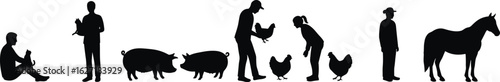 Silhouettes of farmers with farm animals, pigs, chickens, horse, people caring for livestock, farming life vector illustration, agriculture concept