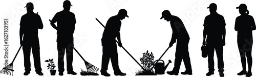 Silhouettes of gardeners working, planting, watering, raking, using tools, outdoor maintenance, landscaping, horticulture, teamwork, garden care, black and white illustration