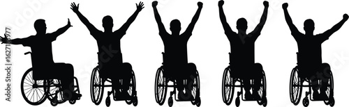 Silhouettes of wheelchair users, raised arms, celebration, disability inclusion, empowerment, joyful moment, independence, diversity, unity, overcoming challenges