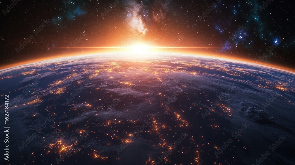 View of Earth from space showing city lights glowing on the dark surface with the sun rising at the horizon and a star-filled sky above, evoking awe and wonder View of Earth from space showing city lights glowing on the dark surface with the sun rising at the horizon and a star-filled sky above, evoking awe and wonder