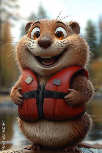 Happy animated small furry animal with big eyes and wide smile wearing an orange life jacket standing near a blurred forested water background