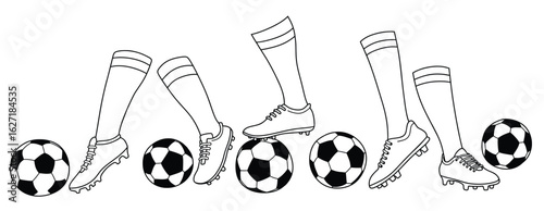 Hand drawn doodle foot kicks a soccer ball isolated white background.