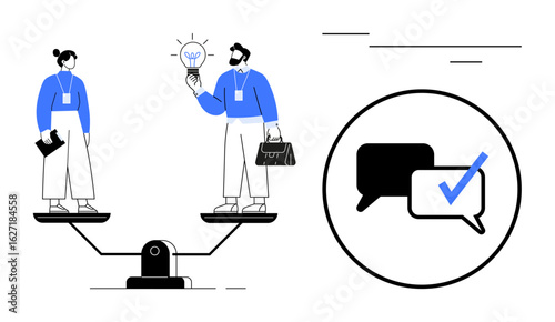 Colleagues balancing scale while exchanging ideas and views, with speech bubbles and check mark. Ideal for collaboration, teamwork, equality, negotiation, leadership, decision-making, and fairness