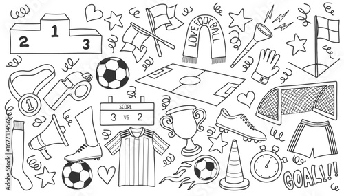 Doodle soccer elements in sketch style.