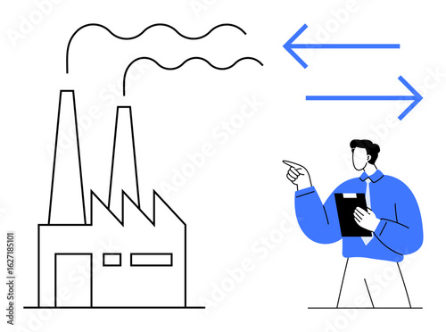 Factory with chimneys emitting smoke, professional holding clipboard pointing to arrows indicating workflow. Ideal for industry, manufacturing, process management, productivity, efficiency, team