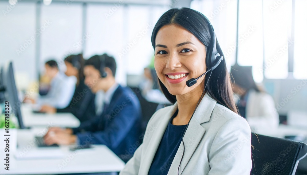 A vibrant and professional American customer care representative is seen smiling warmly while wearing a sleek headset in a modern office setting. A vibrant and professional American customer care representative is seen smiling warmly while wearing a sleek headset in a modern office setting.