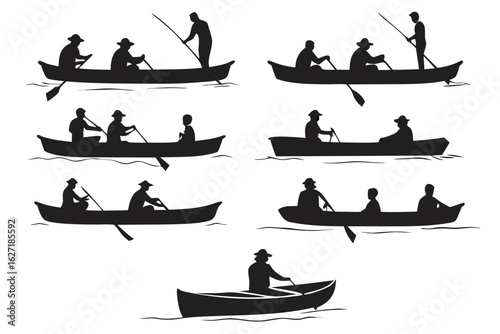 A diverse collection of black silhouettes showing people in traditional canoes enjoying leisure activities like rowing, paddling, and fishing on water.