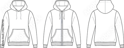 Blank hoodie vector template front back side, zip up pullover hoodie outline, fashion technical sketch for apparel design mockup