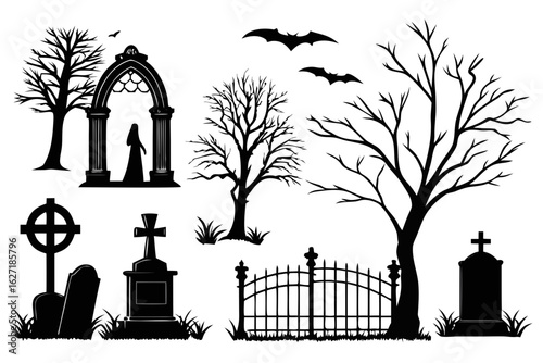 Gothic cemetery design elements set with black silhouettes of gravestones, a spooky arch, bare trees, and flying bats on a white background.