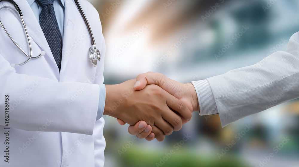 Fototapeta premium Medical professional and patient shake hands in a welcoming clinic environment