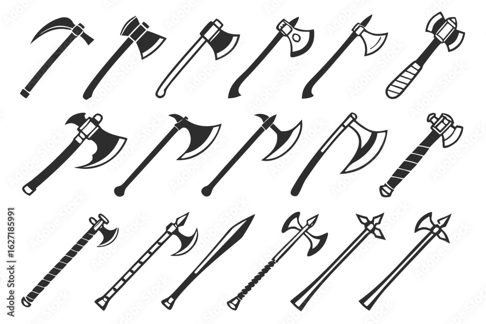 Naklejka premium A diverse collection of monochrome medieval and viking weapon icons. This set includes various battle axes, war hammers, and polearms, perfect for historical or fantasy design concepts.