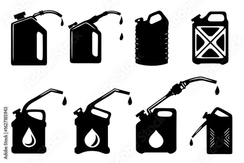 A collection of black silhouette icons of fuel cans and gasoline canisters with dripping spouts. Vector set for energy and transportation concepts.