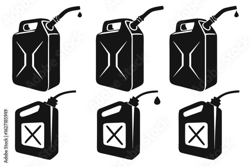 Vector icon set of fuel canisters in monochrome. Collection of silhouette gasoline containers and jerry cans, isolated on a white background.