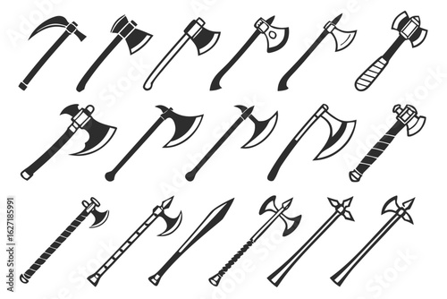 A diverse collection of monochrome medieval and viking weapon icons. This set includes various battle axes, war hammers, and polearms, perfect for historical or fantasy design concepts.