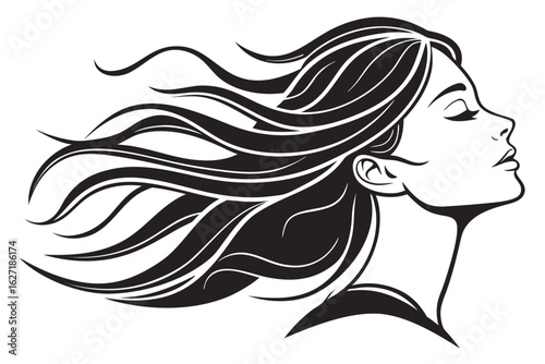 Elegant line art vector of a beautiful woman's face in profile, her long flowing hair symbolizing freedom, beauty, and serenity.