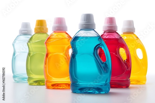 Colorful Liquid Detergent Bottles in a Row on White Surface Clean bright style