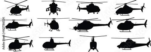 Silhouette vector set of military and civilian helicopters, aircraft icon collection, isolated flying transport shapes, aviation illustration graphic elements