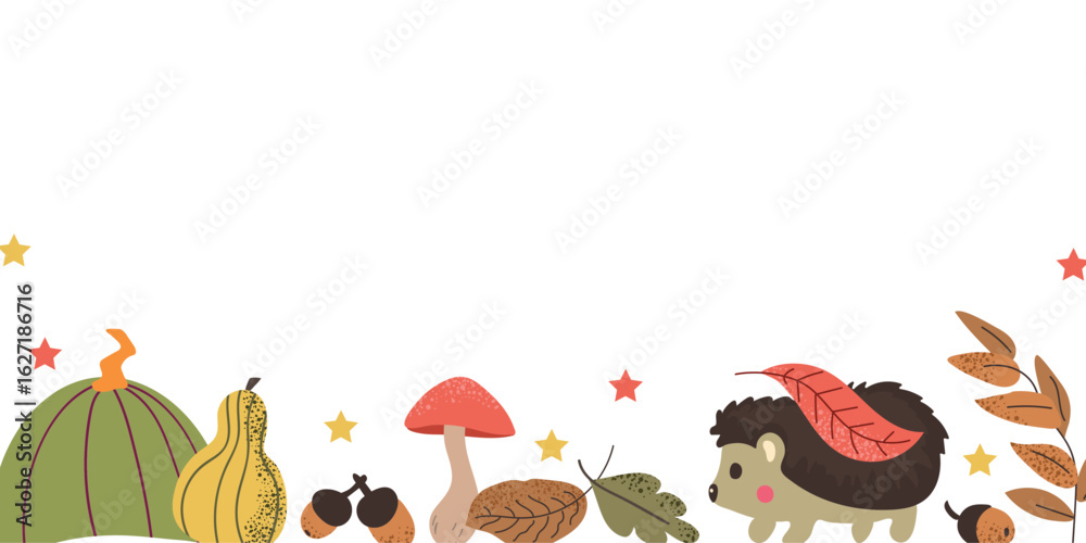 Fototapeta premium Autumn 3 horizontal background banner with leaves, acorns, pumpkin, hedgehog and mushrooms